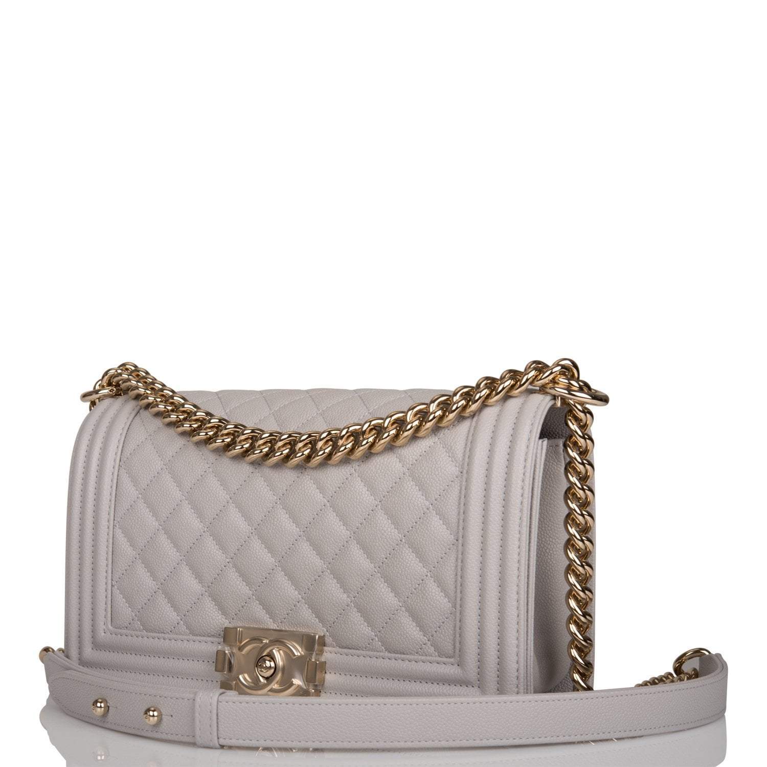 Chanel Medium Boy Bag Grey Quilted Caviar Light Gold Hardware