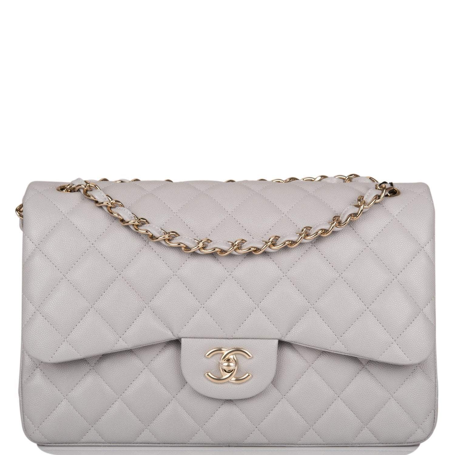 Chanel Light Grey Quilted Caviar Jumbo Classic Double Flap Bag Light Gold Hardware