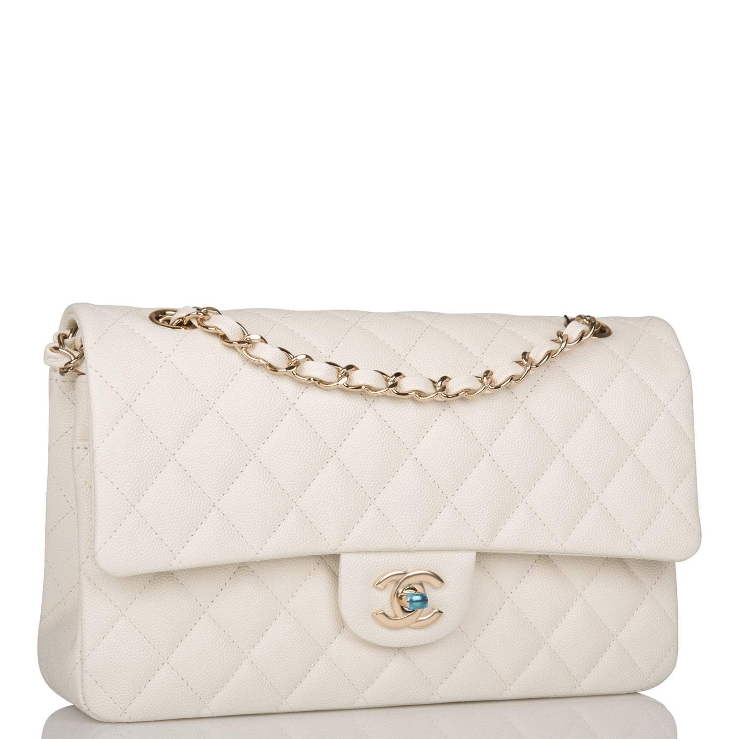 Chanel White Quilted Caviar Medium Classic Double Flap Bag Light Gold Hardware