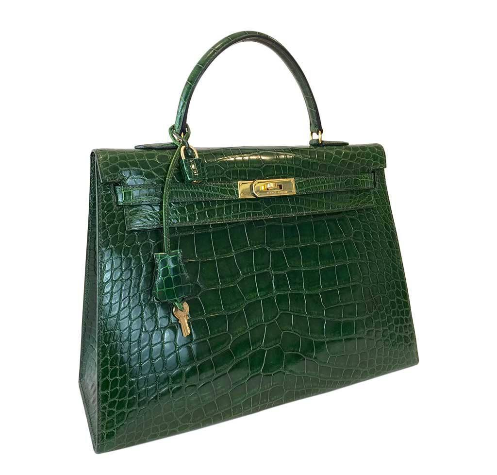 Hermes Kelly Sellier 35 Vert Emerald Alligator Gold Hardware