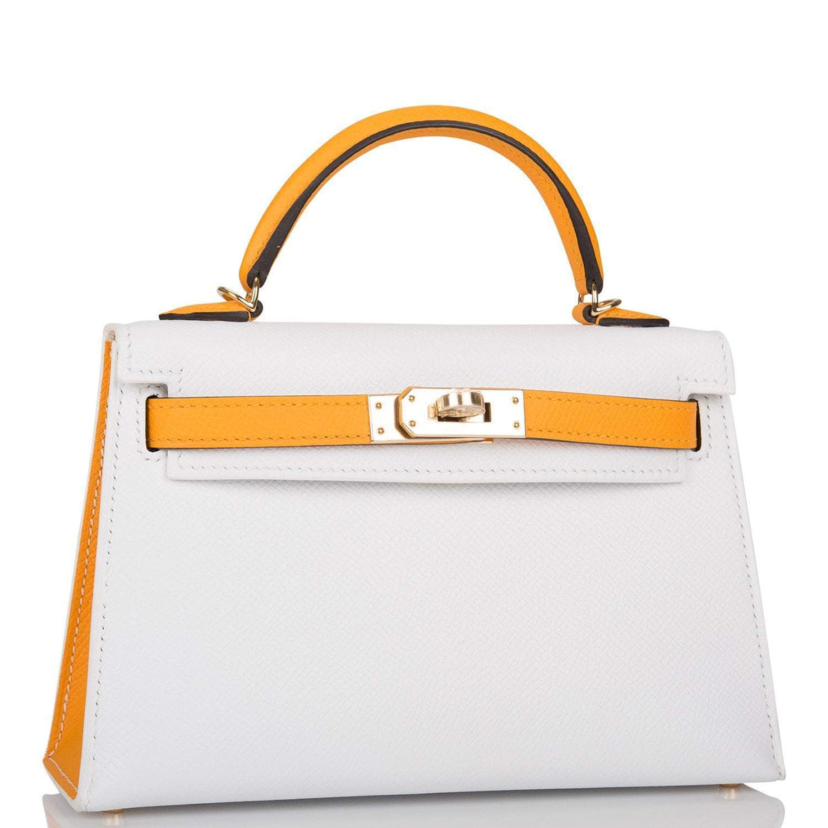 Hermes Horseshoe Stamp (HSS) White and Jaune D'Or Epsom Sellier Kelly 20cm with Permabrass Hardware