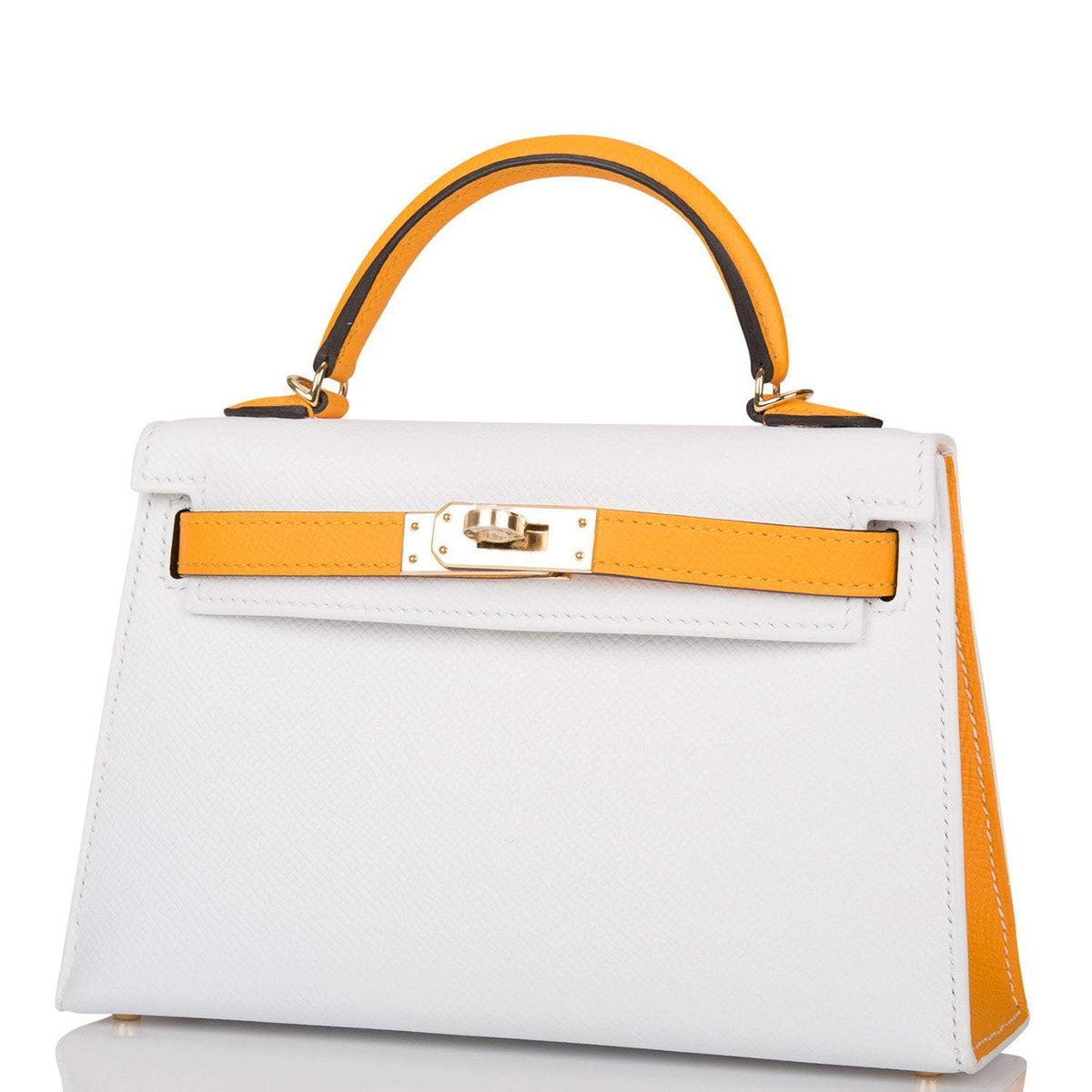 Hermes Horseshoe Stamp (HSS) White and Jaune D'Or Epsom Sellier Kelly 20cm with Permabrass Hardware