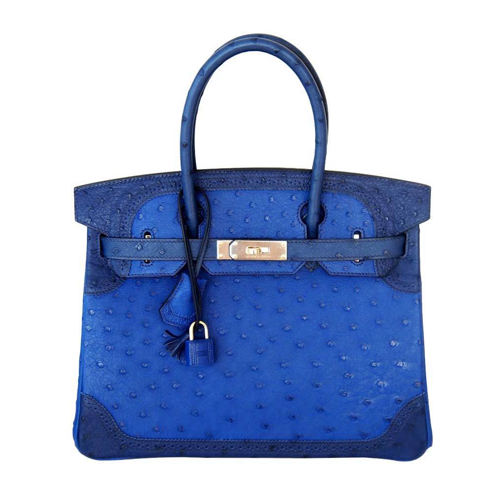 Hermes Birkin 30 Ghillies Tri-Color Blue Ostrich Permabrass