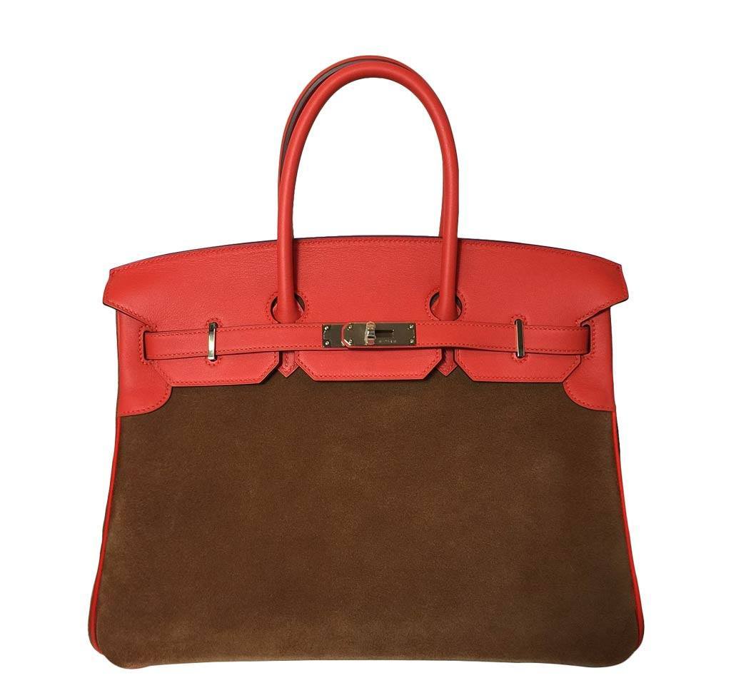 Hermes Birkin 35 Grizzly Capucine Chamois Swift Leather Suede Permabrass Hardware