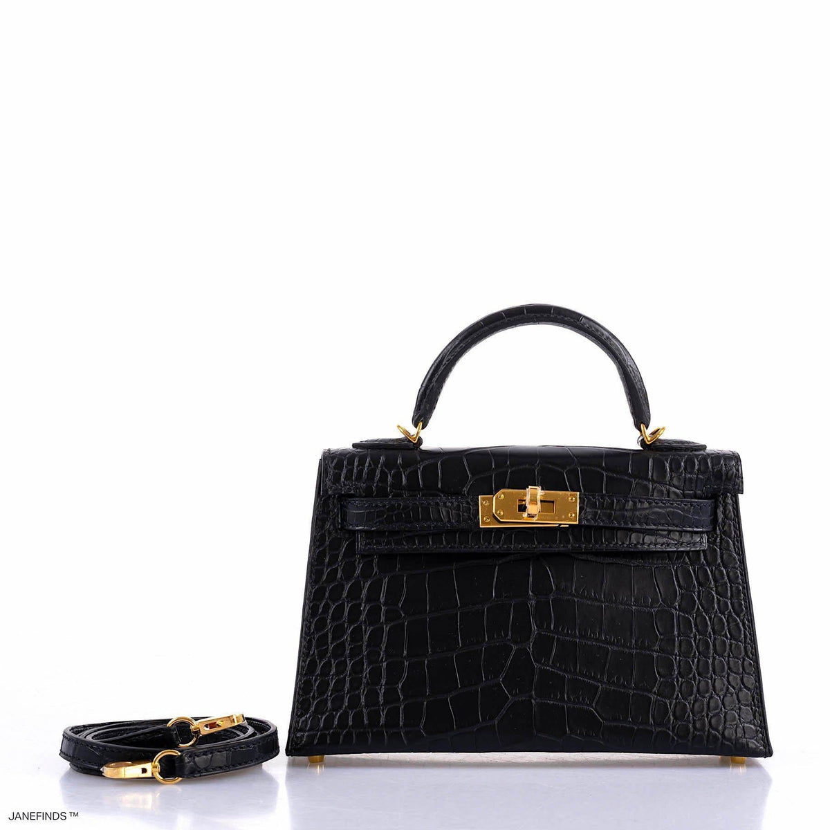 Hermes Kelly 20 Mini II Sellier Black Matte Alligator Gold Hardware