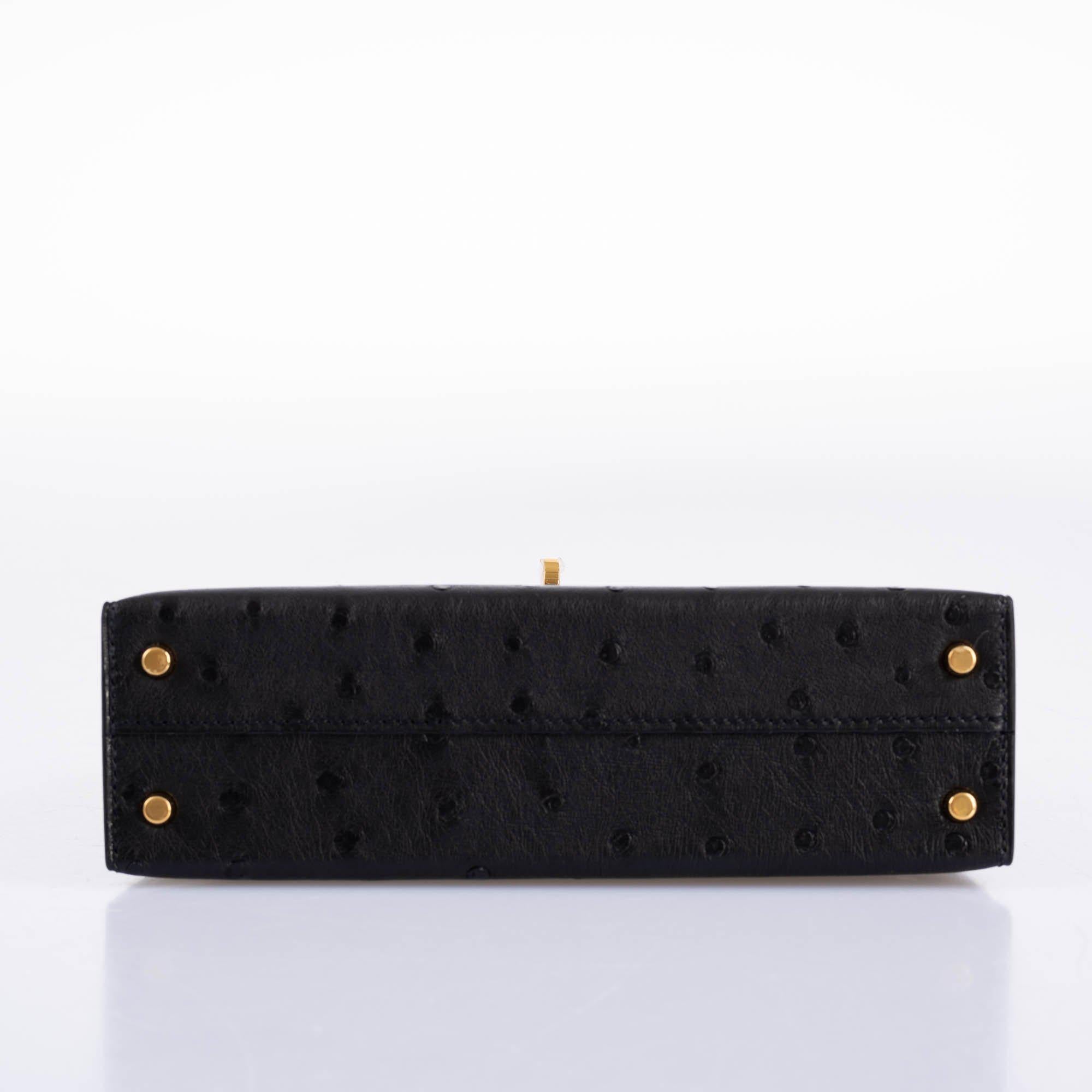 Hermes Kelly 20 Mini II Sellier Black Ostrich Gold Hardware