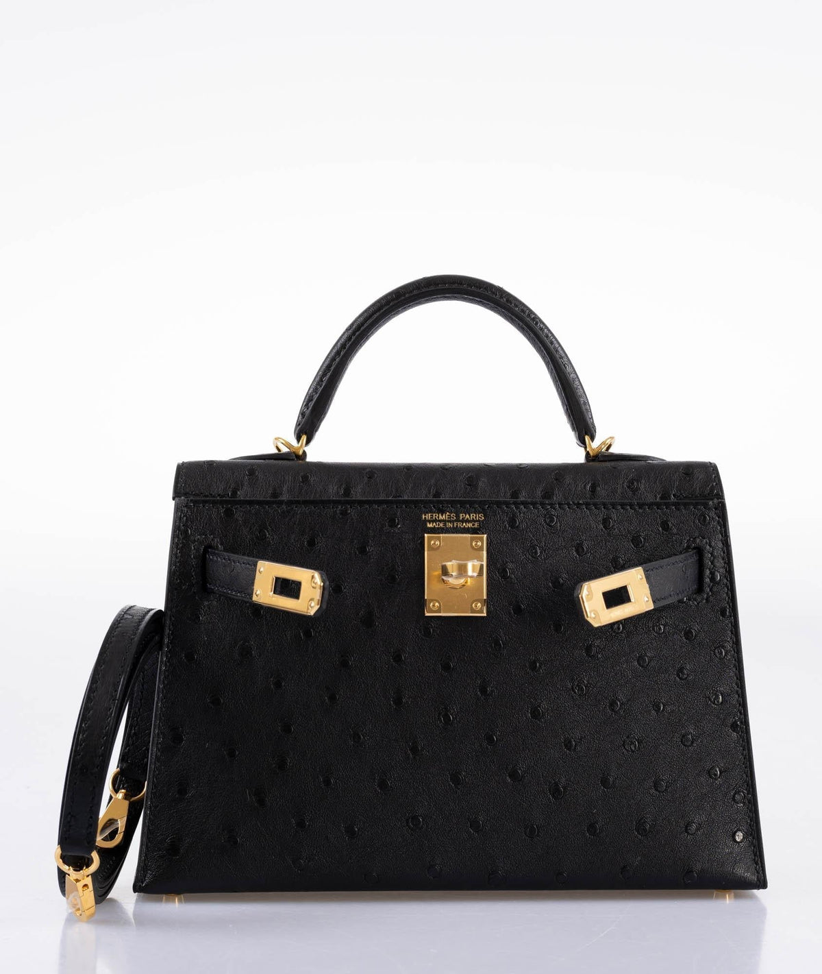 Hermes Kelly 20 Mini II Sellier Black Ostrich Gold Hardware