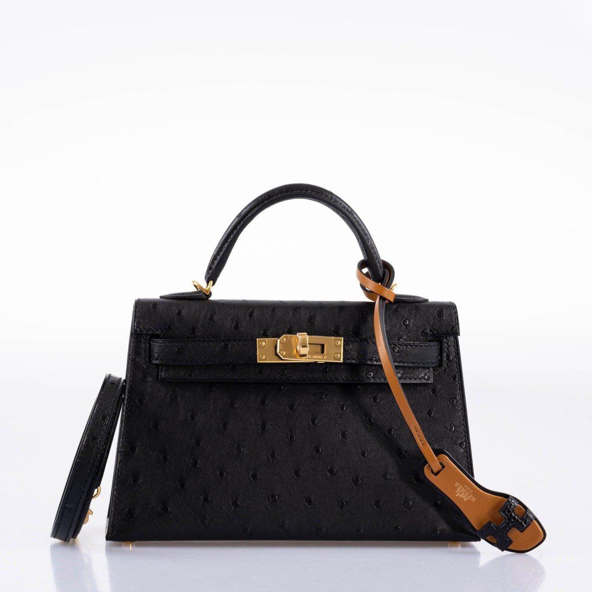 Hermes Kelly 20 Mini II Sellier Black Ostrich Gold Hardware
