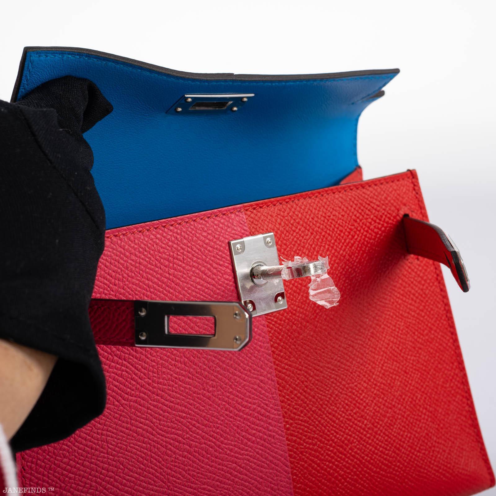 Hermes Kelly 20 Mini II Sellier Tri-color Rose Extreme, Rouge de Coeur, Bleu Zanzibar Epsom Palladium