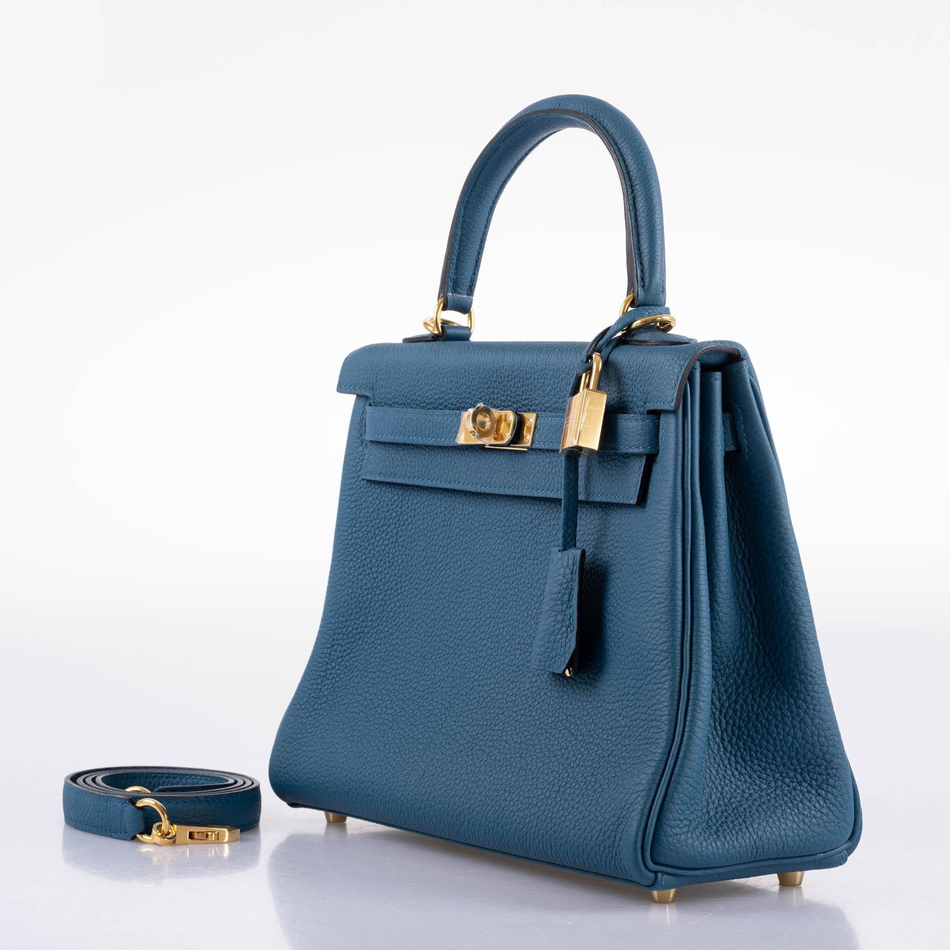 Hermes Kelly 25 Retourne Blue Colvert Togo Gold Hardware