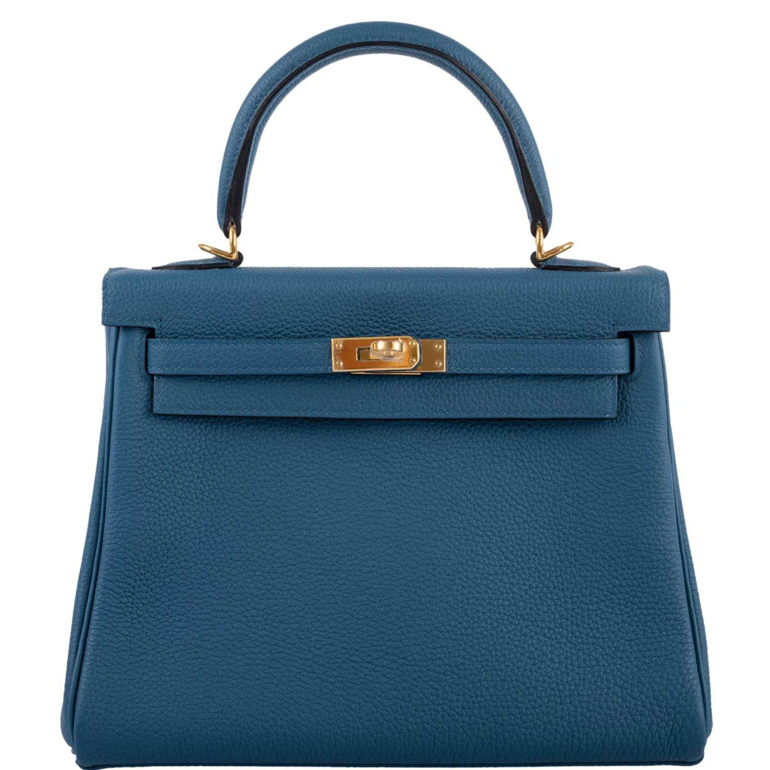 Hermes Kelly 25 Retourne Blue Colvert Togo Gold Hardware