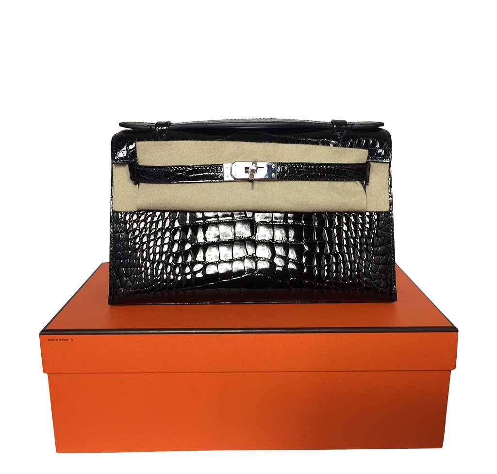 Hermès Kelly Mini Pochette Black Crocodile Bag PHW