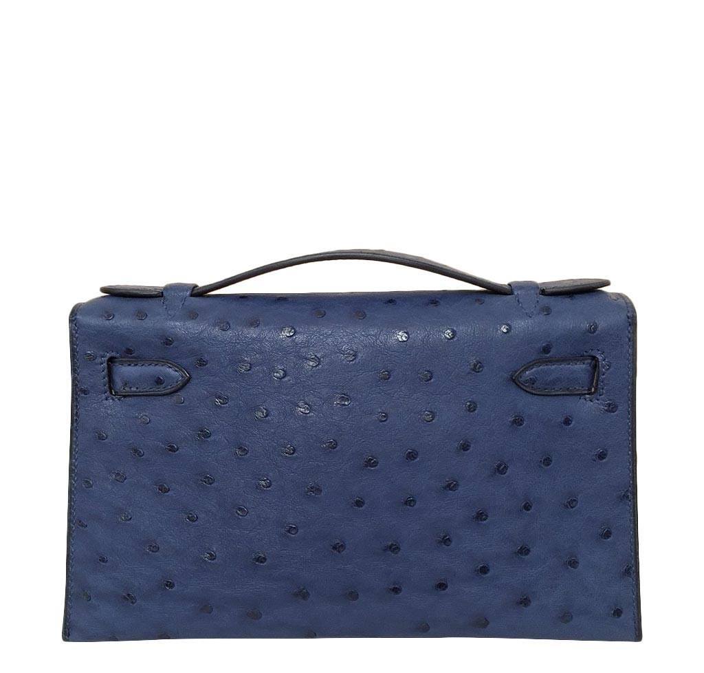 Hermes Kelly Pochette Mini Sapphire Blue Ostrich Palladium Hardware