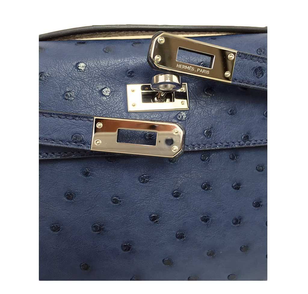 Hermes Kelly Pochette Mini Sapphire Blue Ostrich Palladium Hardware