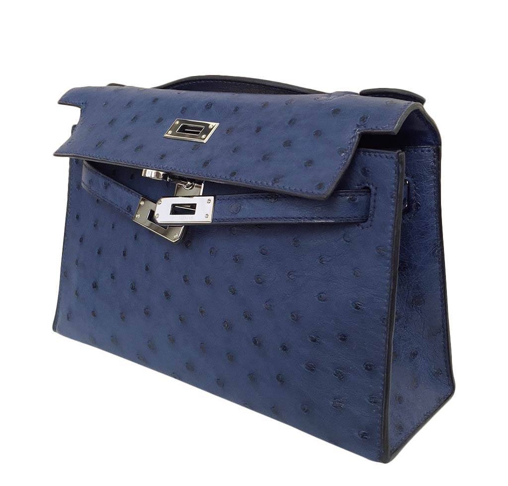 Hermes Kelly Pochette Mini Sapphire Blue Ostrich Palladium Hardware