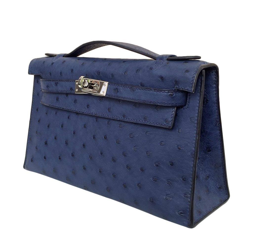 Hermes Kelly Pochette Mini Sapphire Blue Ostrich Palladium Hardware