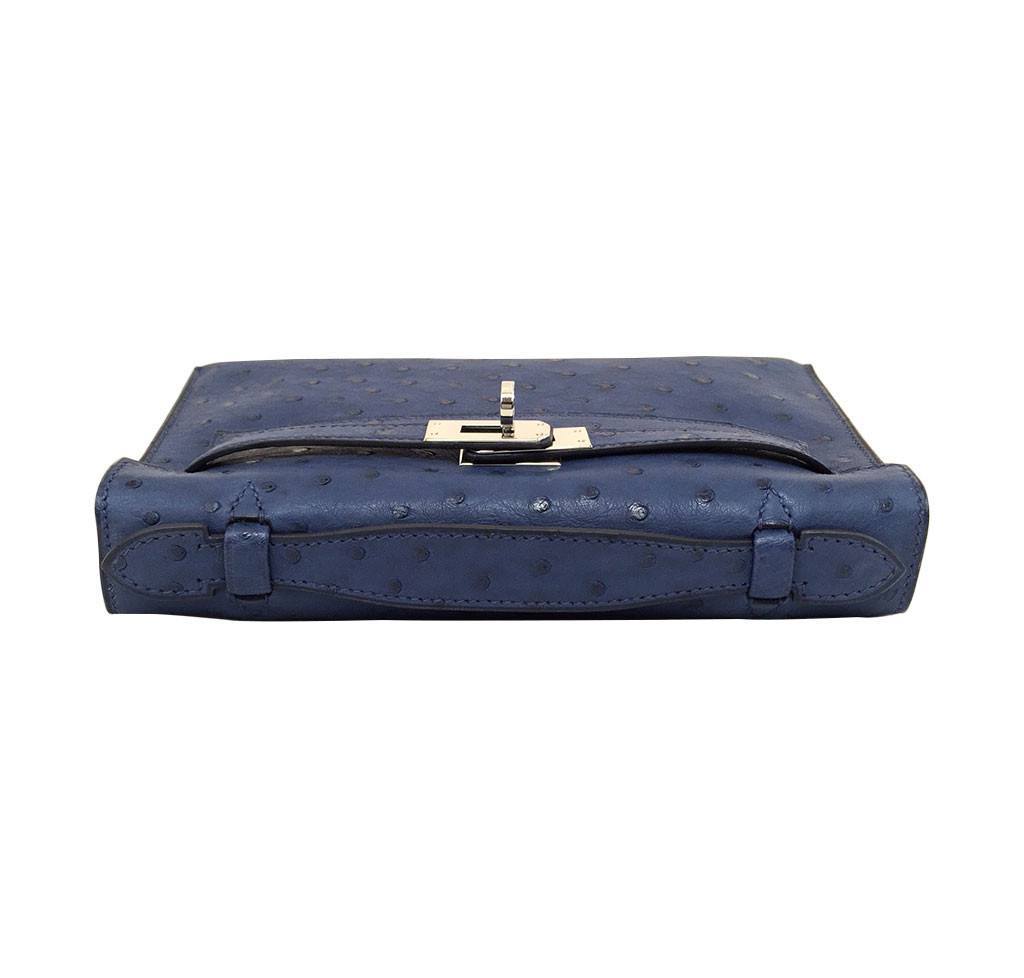 Hermes Kelly Pochette Mini Sapphire Blue Ostrich Palladium Hardware