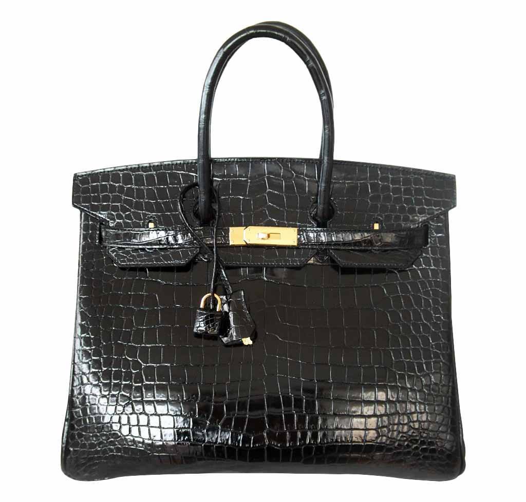 Hermes Birkin 35 Black Shiny Porosus Crocodile Gold Hardware