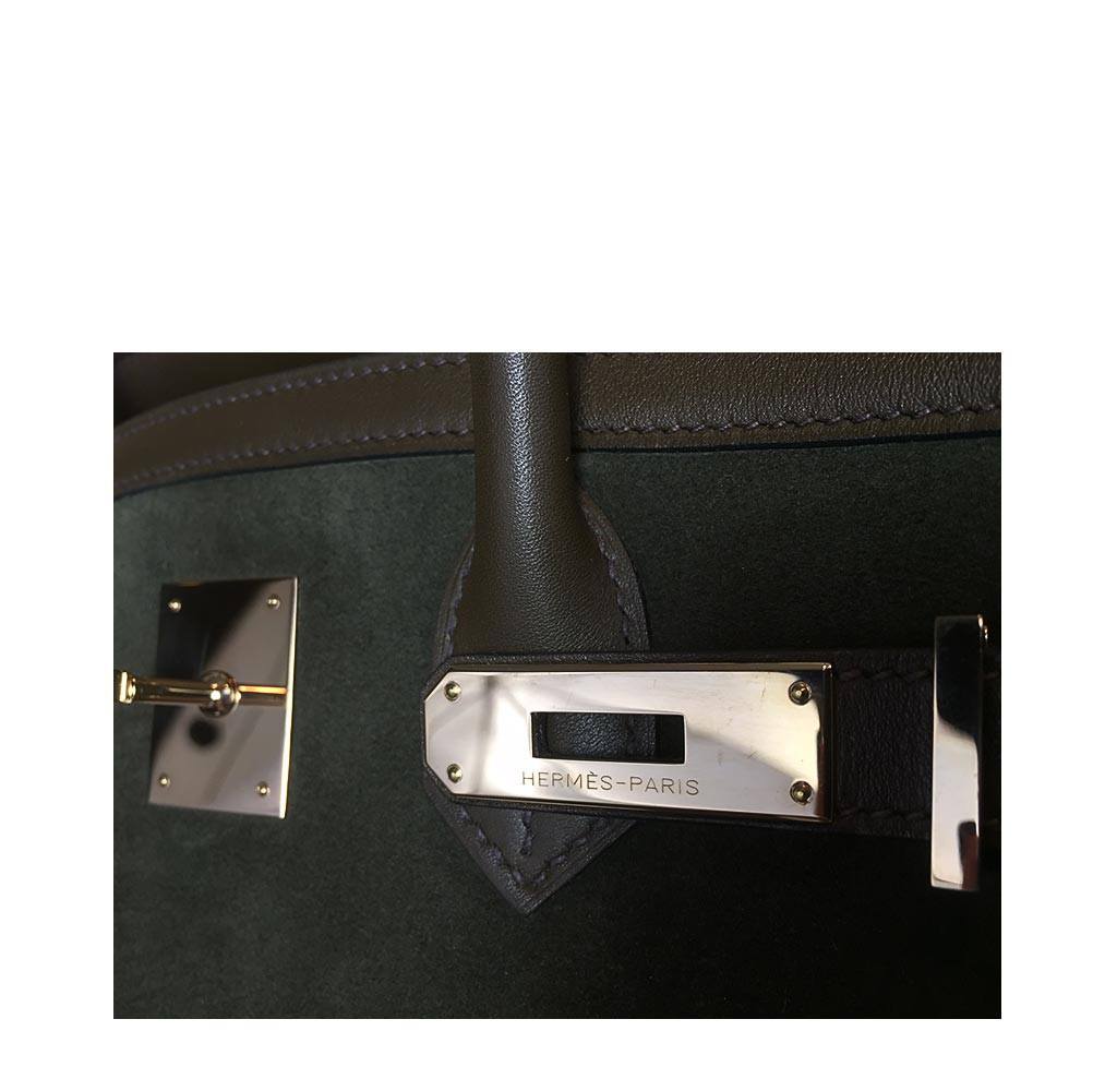 Hermes Birkin 35 Grizzly Vert De Gris Veau Swift Leather Suede Permabrass Hardware