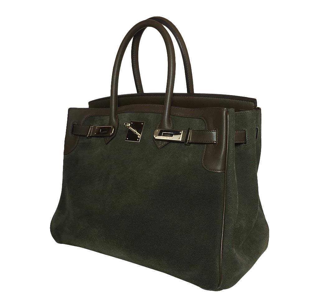 Hermes Birkin 35 Grizzly Vert De Gris Veau Swift Leather Suede Permabrass Hardware