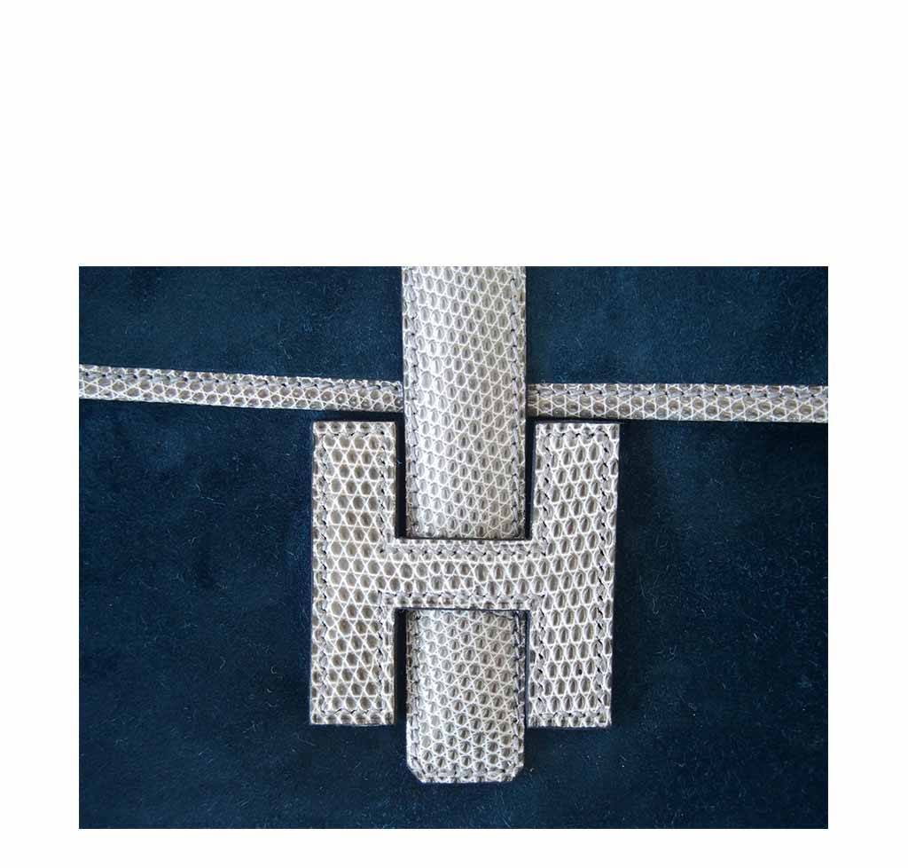 Hermes Jige 29 Blue Ocean Gris Fonce Suede Lizard Clutch
