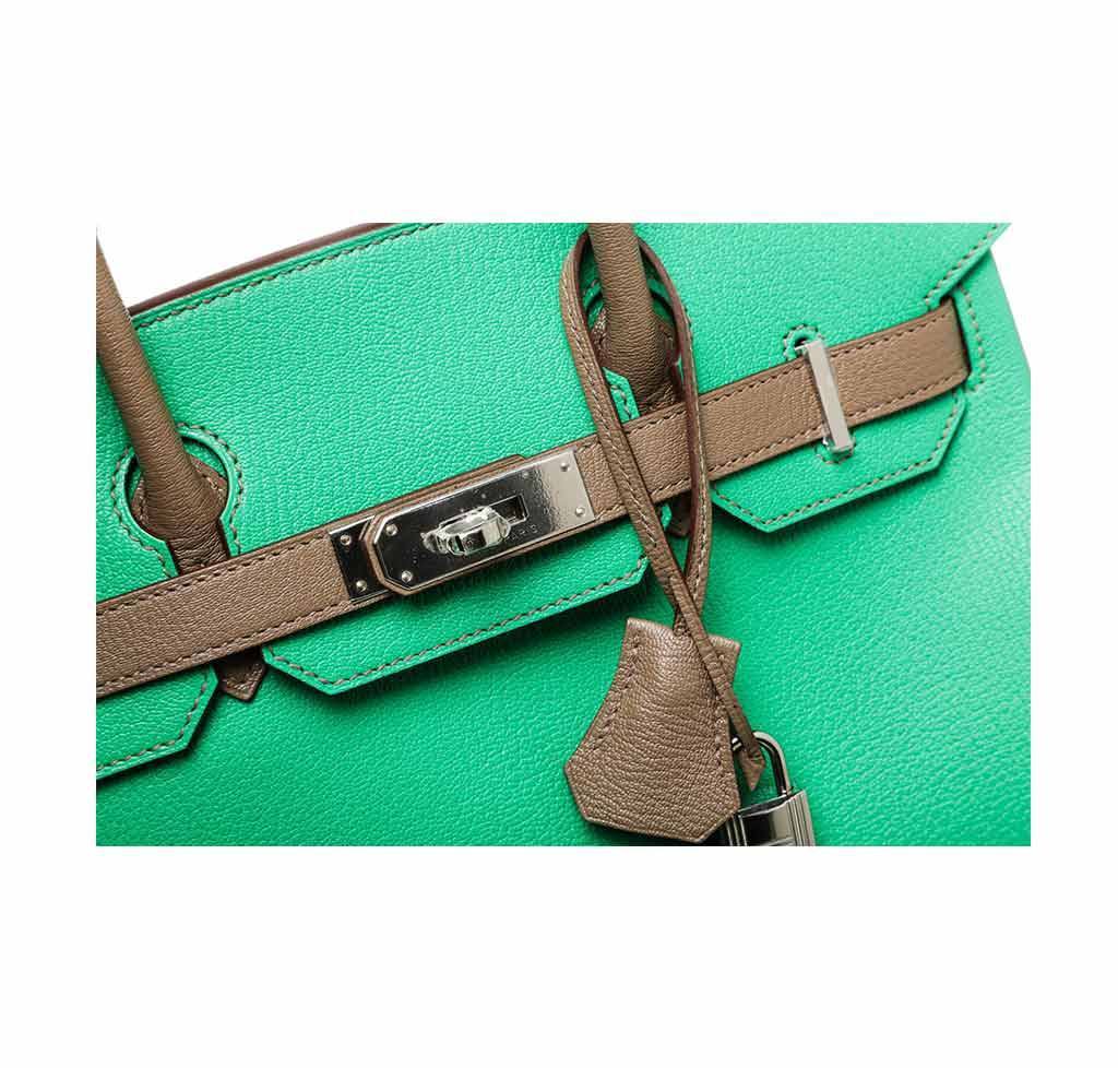 Hermes Birkin 30 Green & Brown Chevre Leather Palladium Hardware