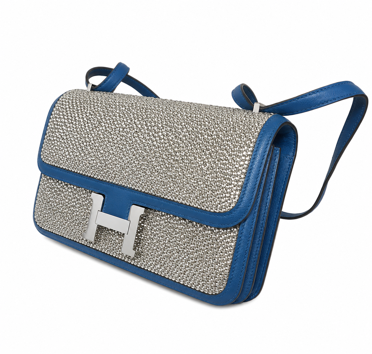 Hermes Constance Elan Bleu de Galice Swift Leather Swarovski Crystal Palladium Hardware