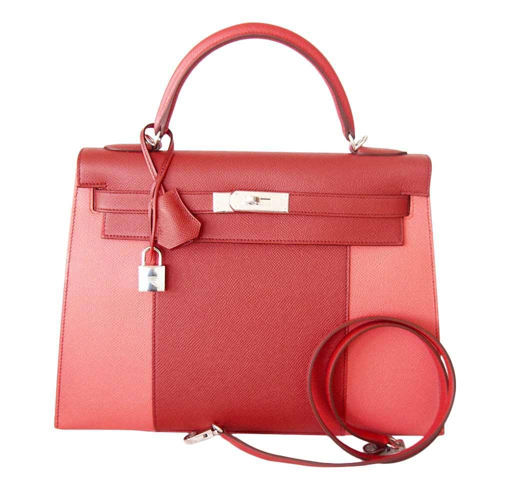 Hermes Kelly 32 Sellier Flag Flamingo Coral Epsom Leather Palladium Hardware