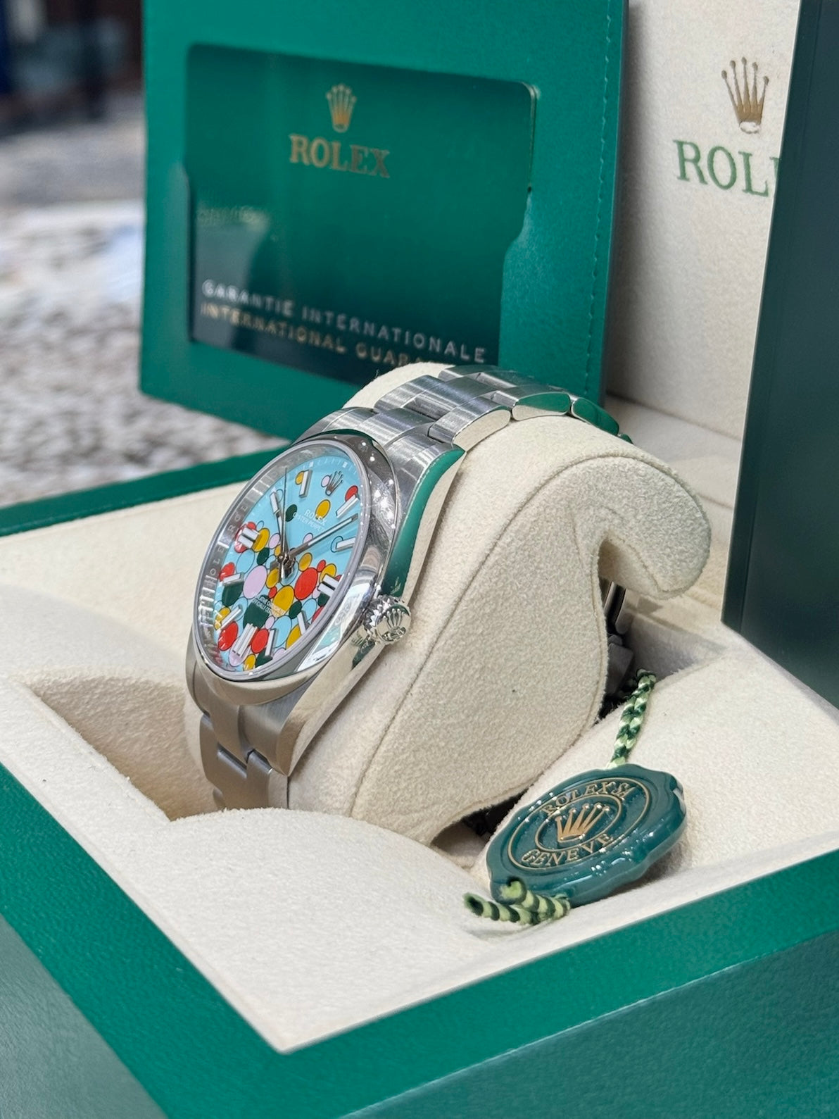 Rolex Oyster Perpetual 41 124300 Turquoise Celebration Dial Watch