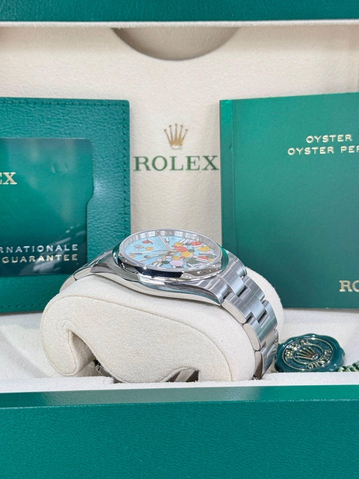 Rolex Oyster Perpetual 41 124300 Turquoise Celebration Dial Watch