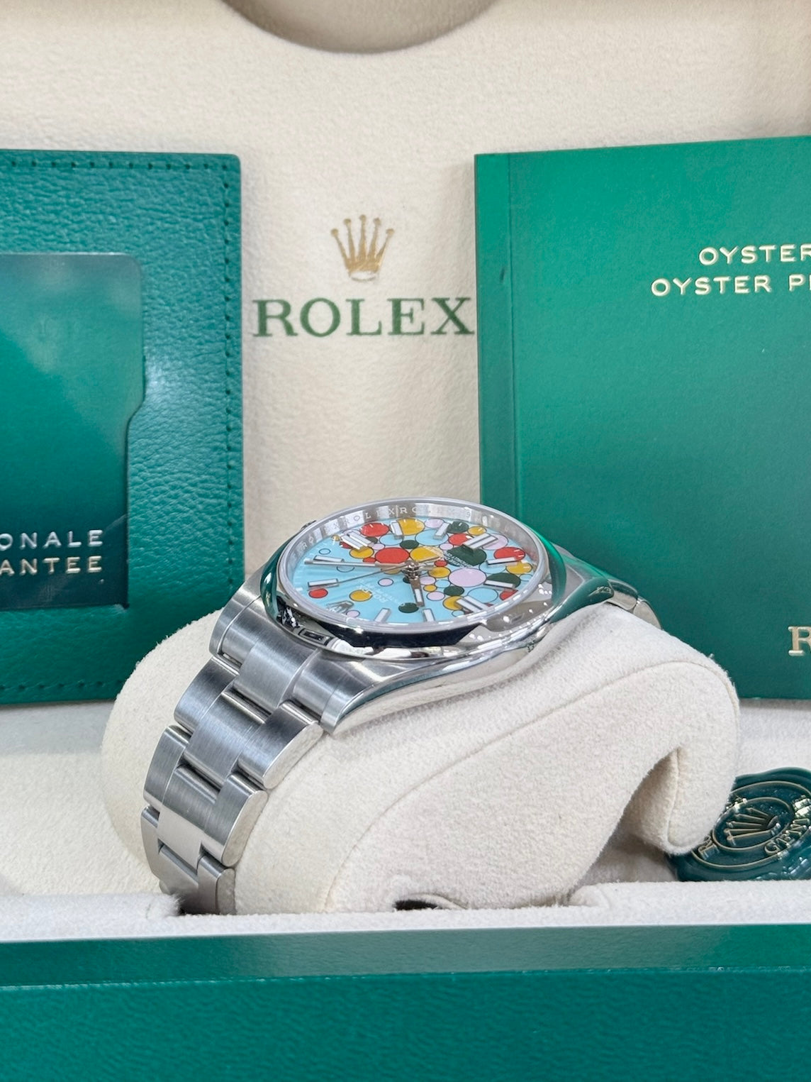 Rolex Oyster Perpetual 41 124300 Turquoise Celebration Dial Watch