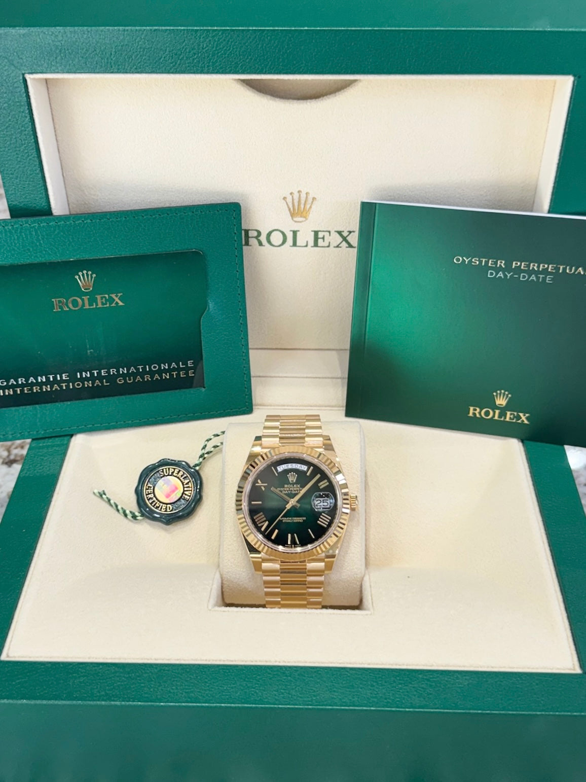 Rolex Day-Date 40 228238 Green Ombre Dial Watch