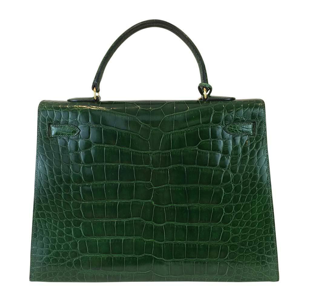 Hermes Kelly Sellier 35 Vert Emerald Alligator Gold Hardware