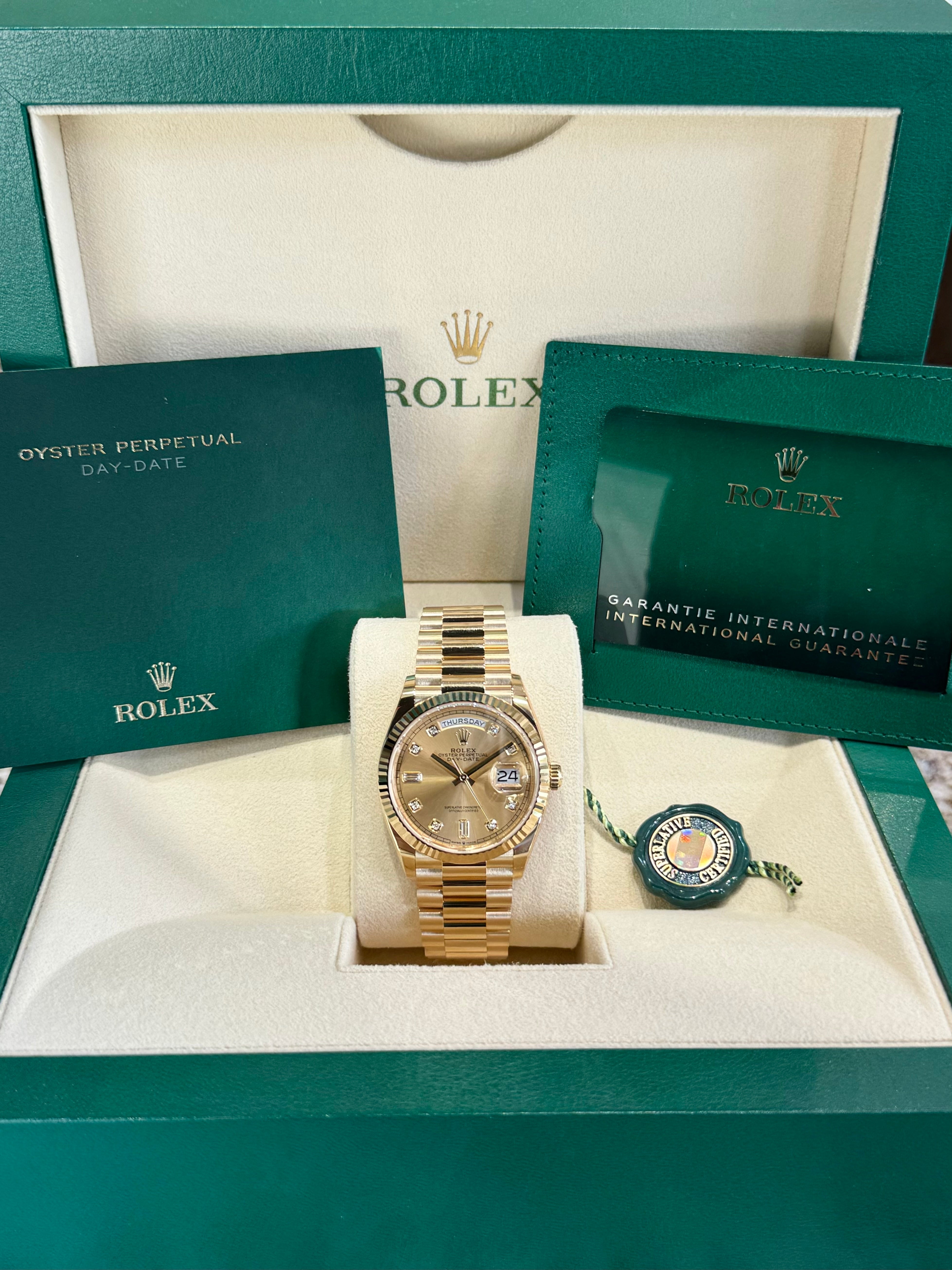 Rolex Day-Date 36 128238 Champagne Diamond Dial Watch