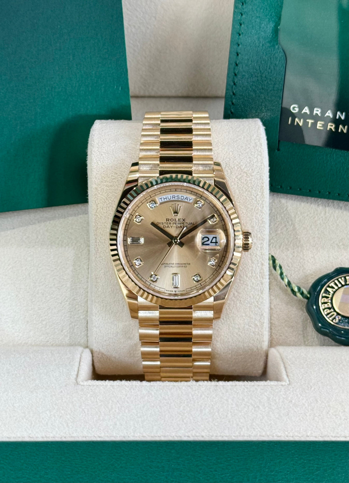 Rolex Day-Date 36 128238 Champagne Diamond Dial Watch