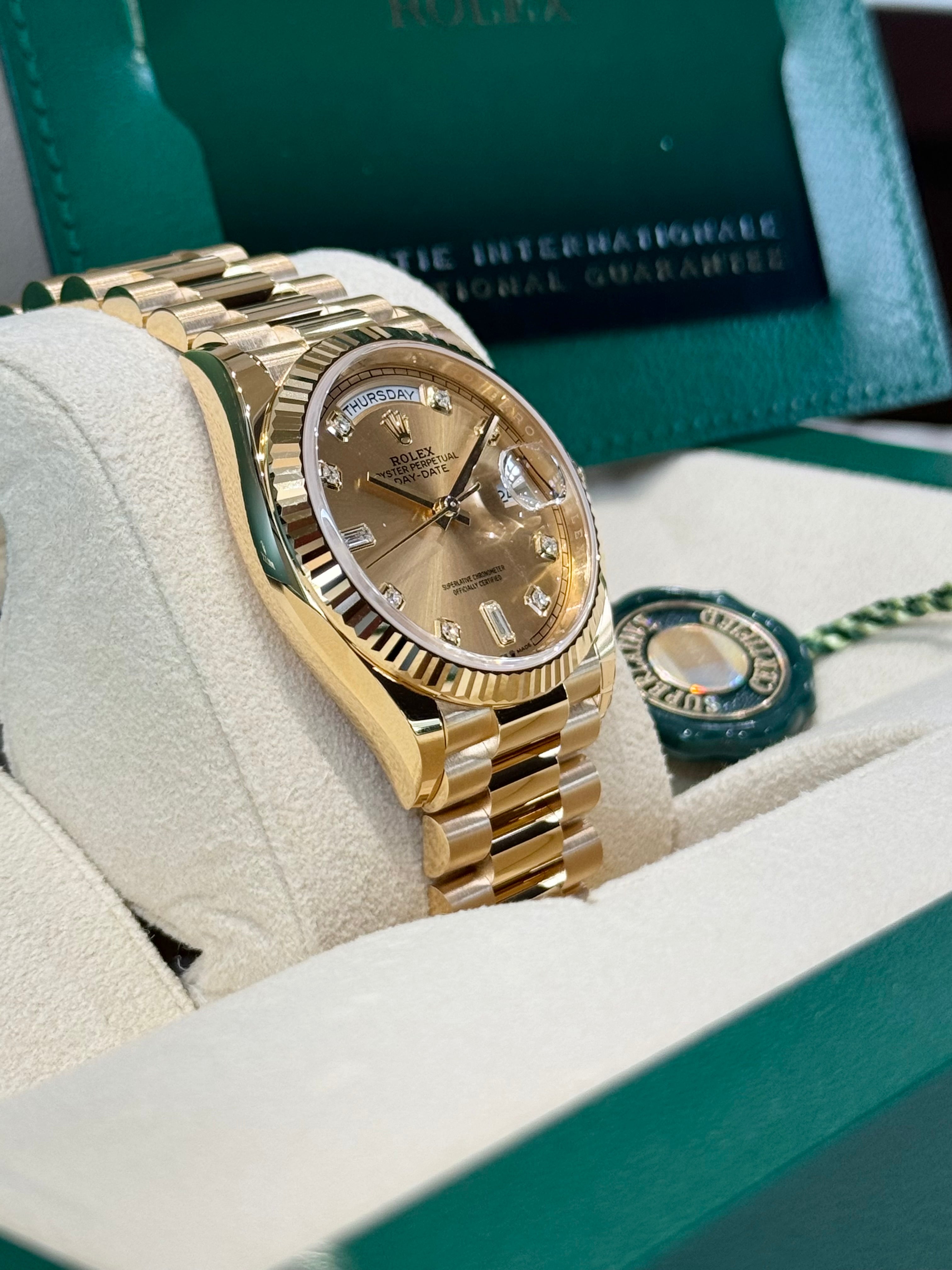 Rolex Day-Date 36 128238 Champagne Diamond Dial Watch