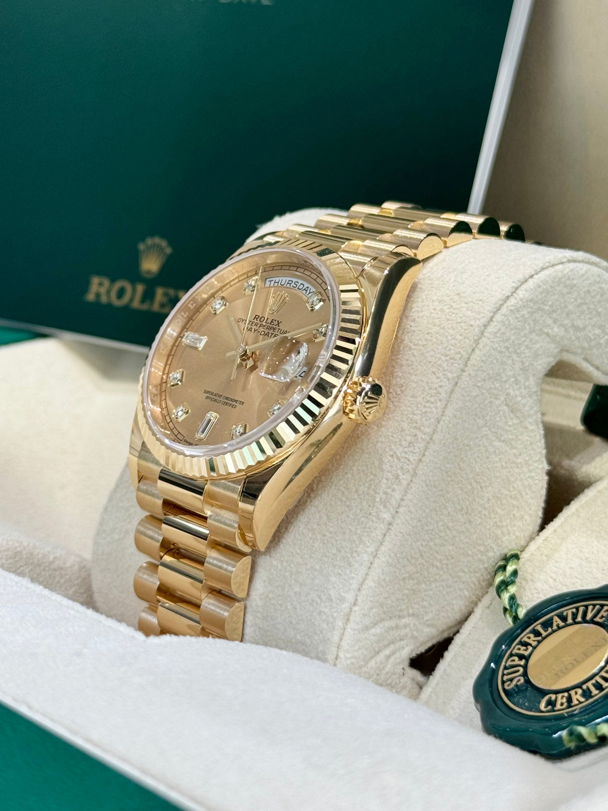 Rolex Day-Date 36 128238 Champagne Diamond Dial Watch