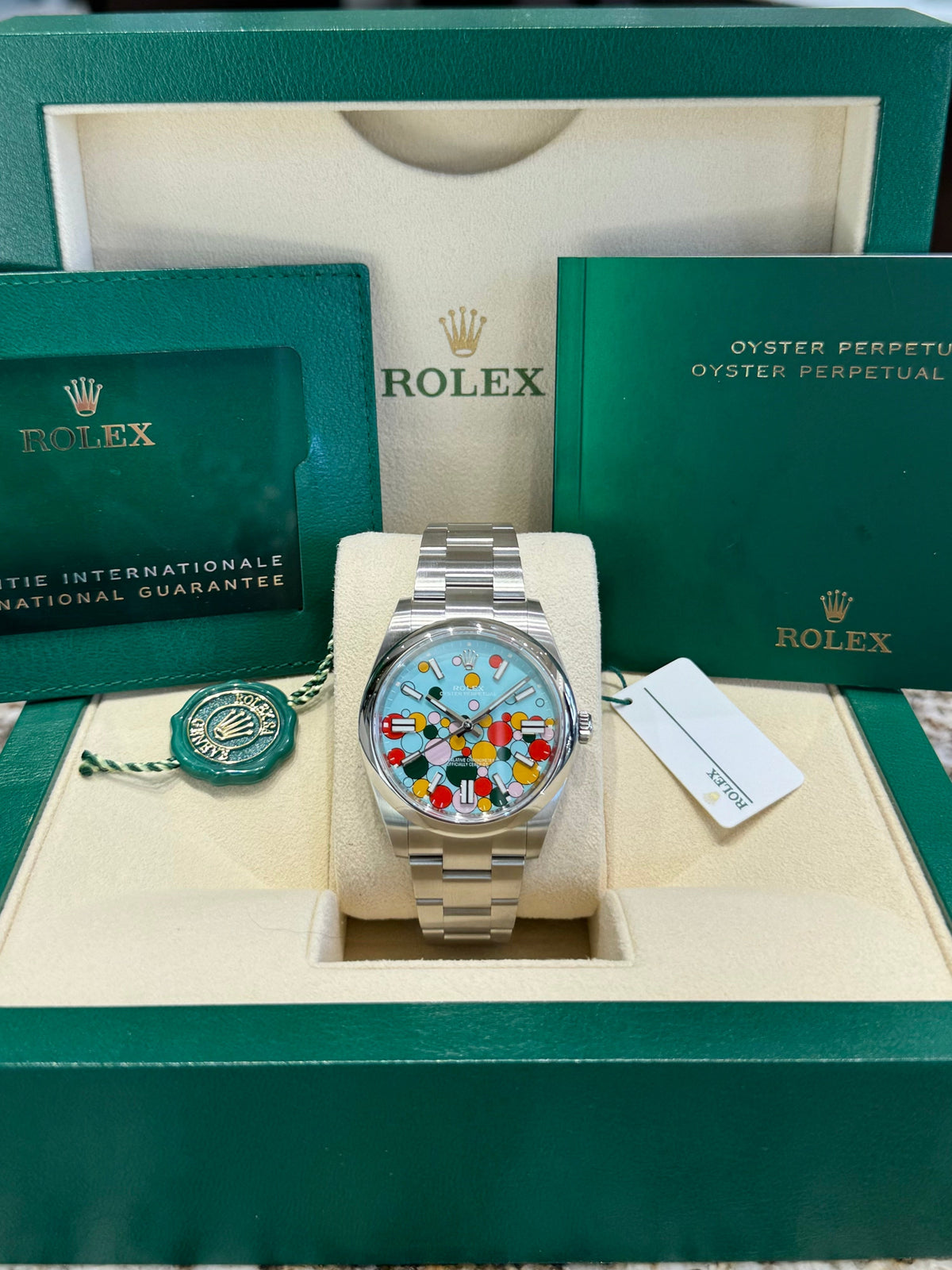 Rolex Oyster Perpetual 41 124300 Turquoise Celebration Dial Watch