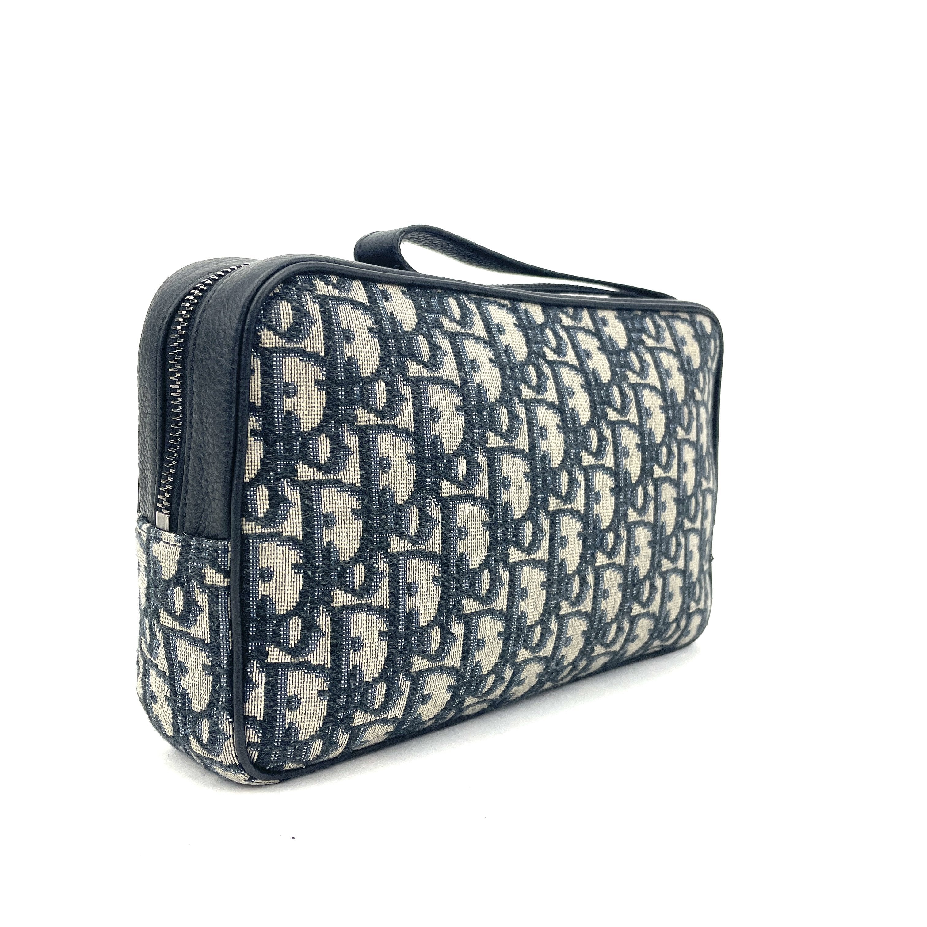 Christian Dior Oblique Toiletry Bag Beige Black Jacquard Removable Strap