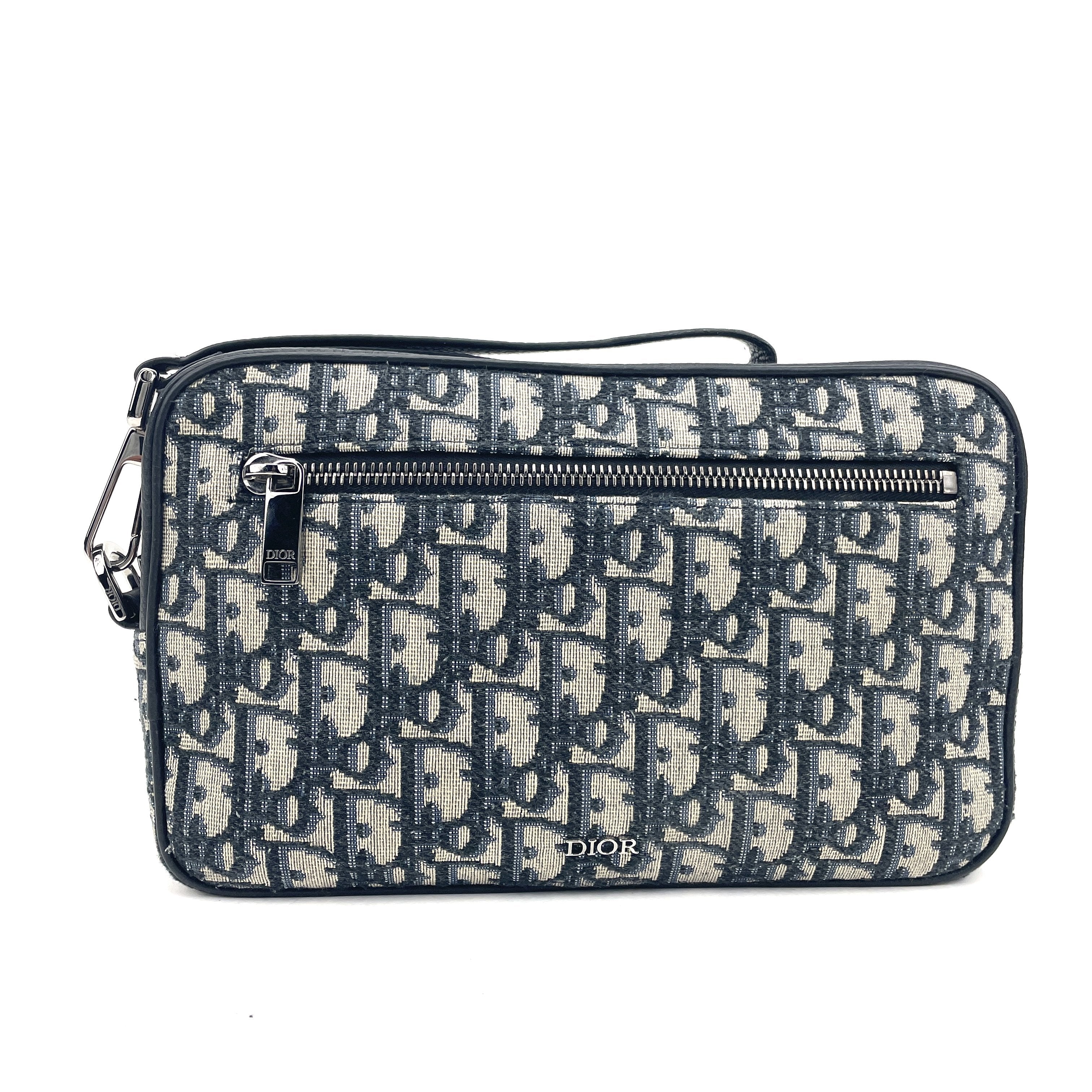 Christian Dior Oblique Toiletry Bag Beige Black Jacquard Removable Strap