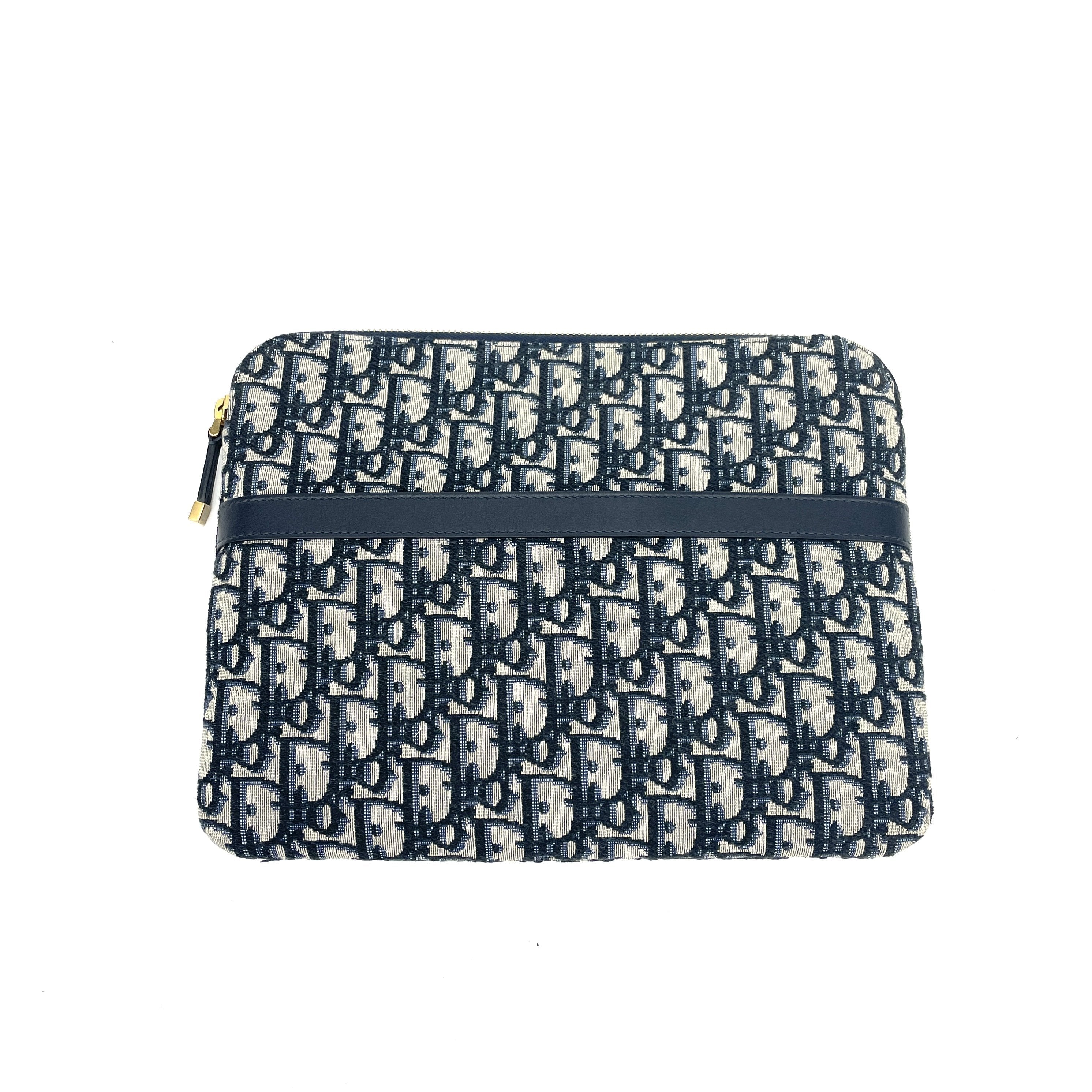 Christian Dior Oblique Travel Pouch Black Canvas Gold Hardware Cosmetic Clutch Bag