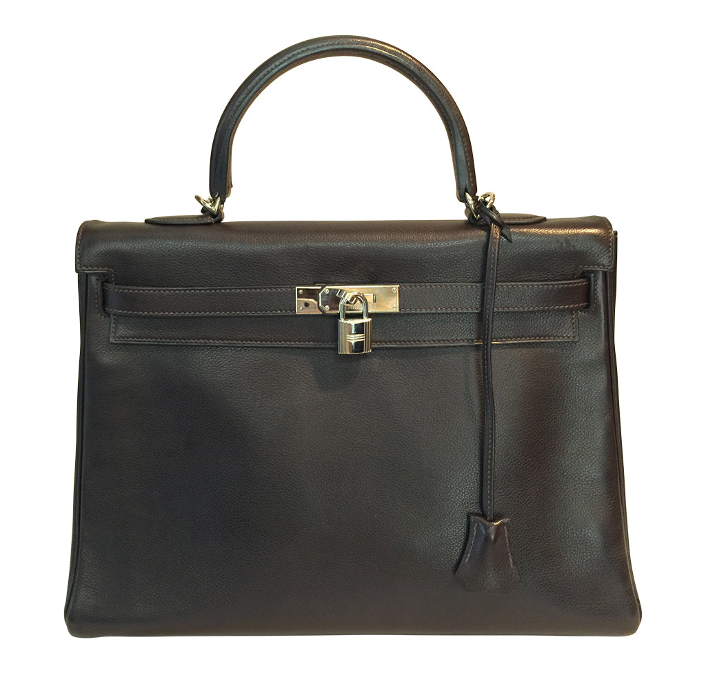 Hermes Kelly 35 Ebene Evergrain Calfskin Palladium Hardware