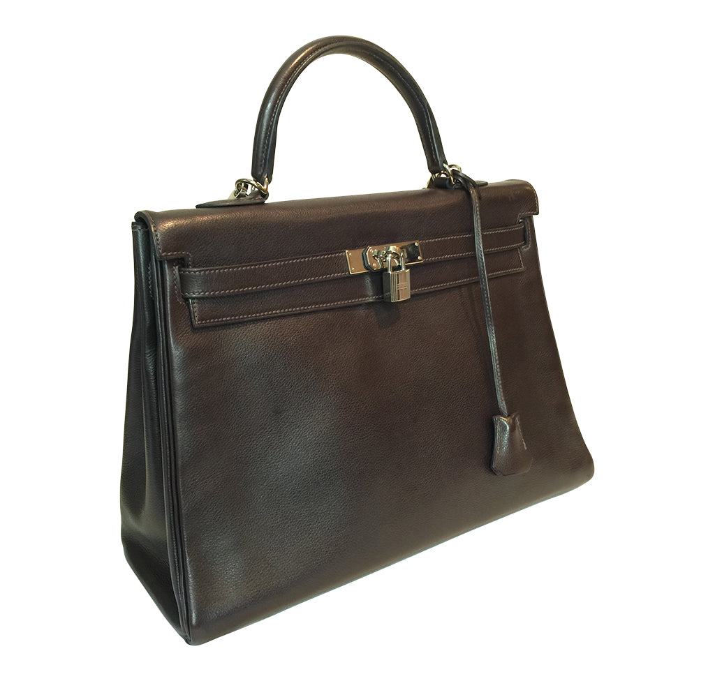 Hermes Kelly 35 Ebene Evergrain Calfskin Palladium Hardware