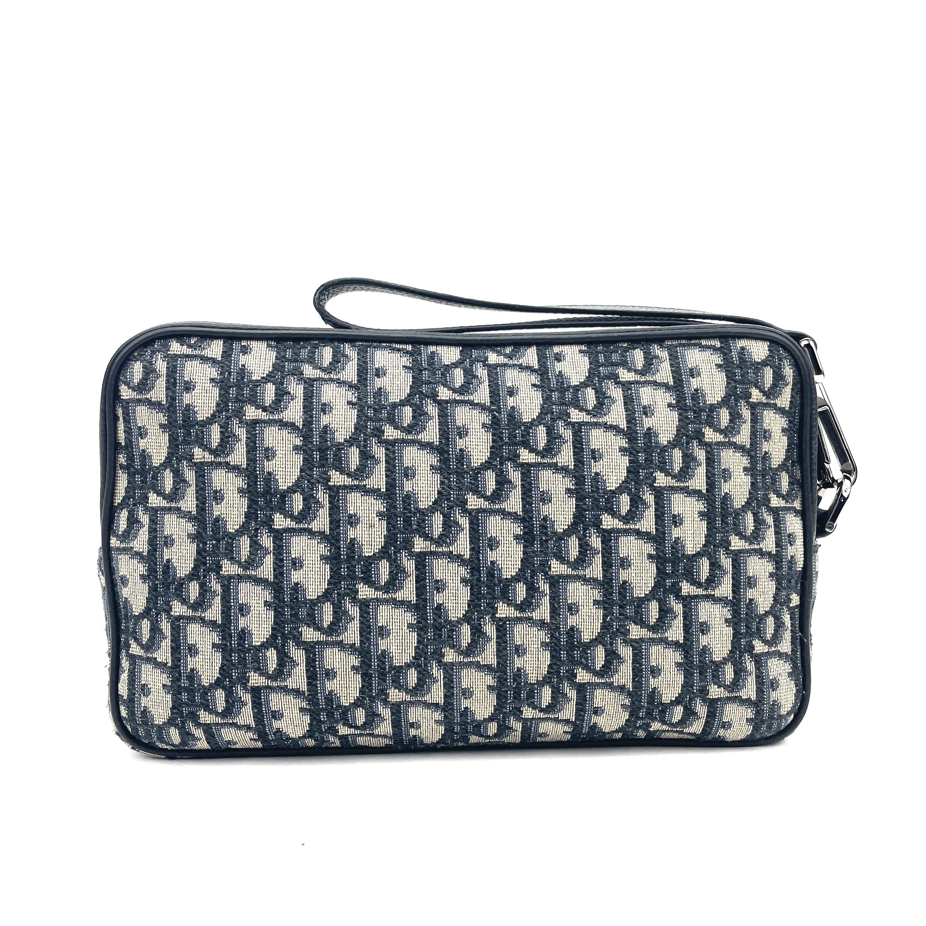 Christian Dior Oblique Toiletry Bag Beige Black Jacquard Removable Strap