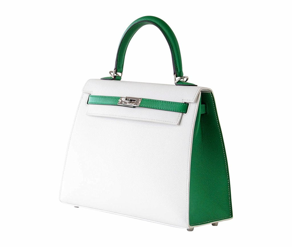 Hermes Kelly Sellier 25 HSS White Bamboo Epsom Leather Palladium Hardware