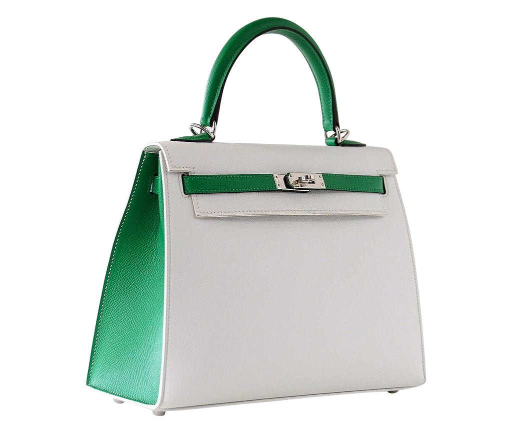 Hermes Kelly Sellier 25 HSS White Bamboo Epsom Leather Palladium Hardware