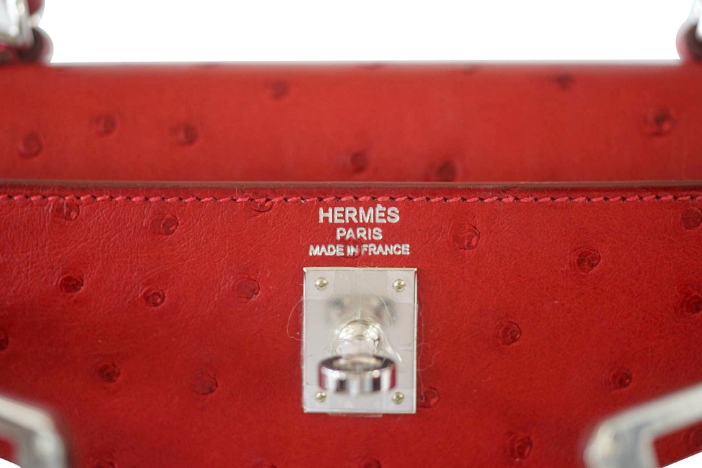 Hermes Kelly Sellier 25 Rouge Vif Ostrich Palladium Hardware