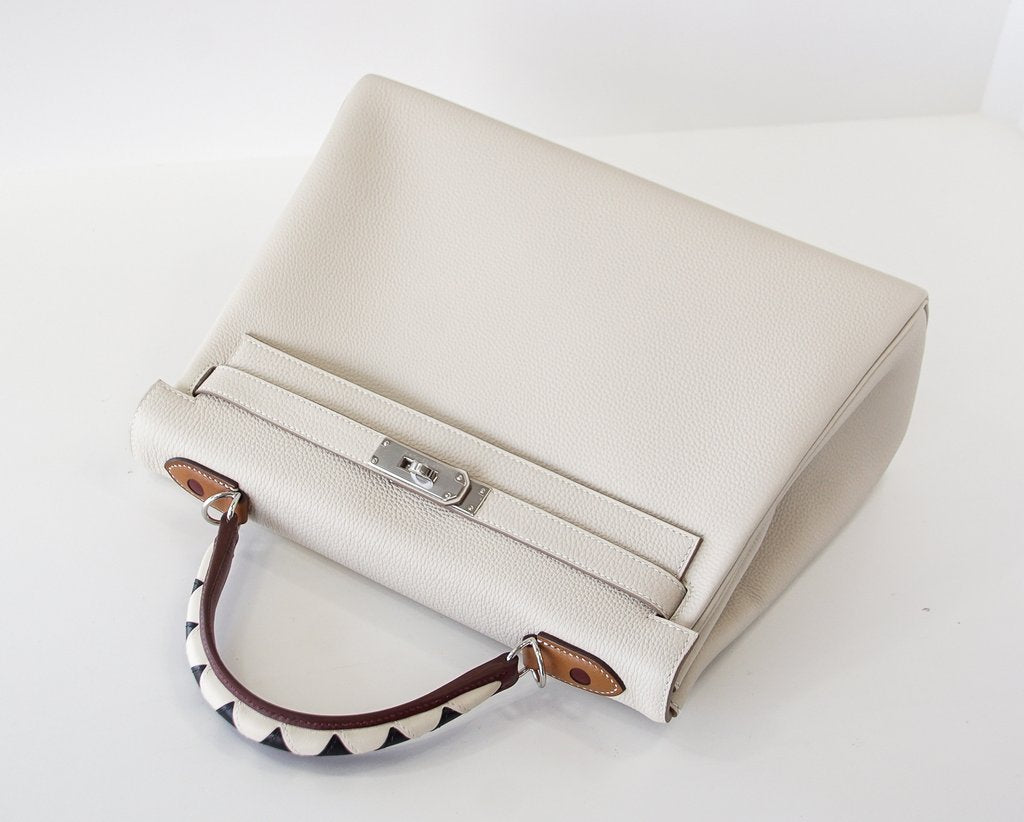 Hermes Kelly 32 Au Gallop Craie Togo Barenia Sombrero Leather Palladium Hardware
