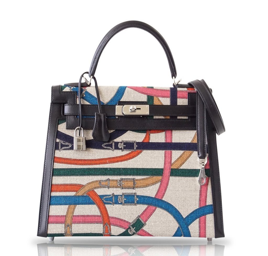 Hermes Kelly 32 Cavalcadour Print Noir Toile de Camp Swift Leather Palladium Hardware