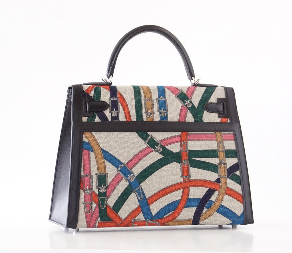 Hermes Kelly 32 Cavalcadour Print Noir Toile de Camp Swift Leather Palladium Hardware